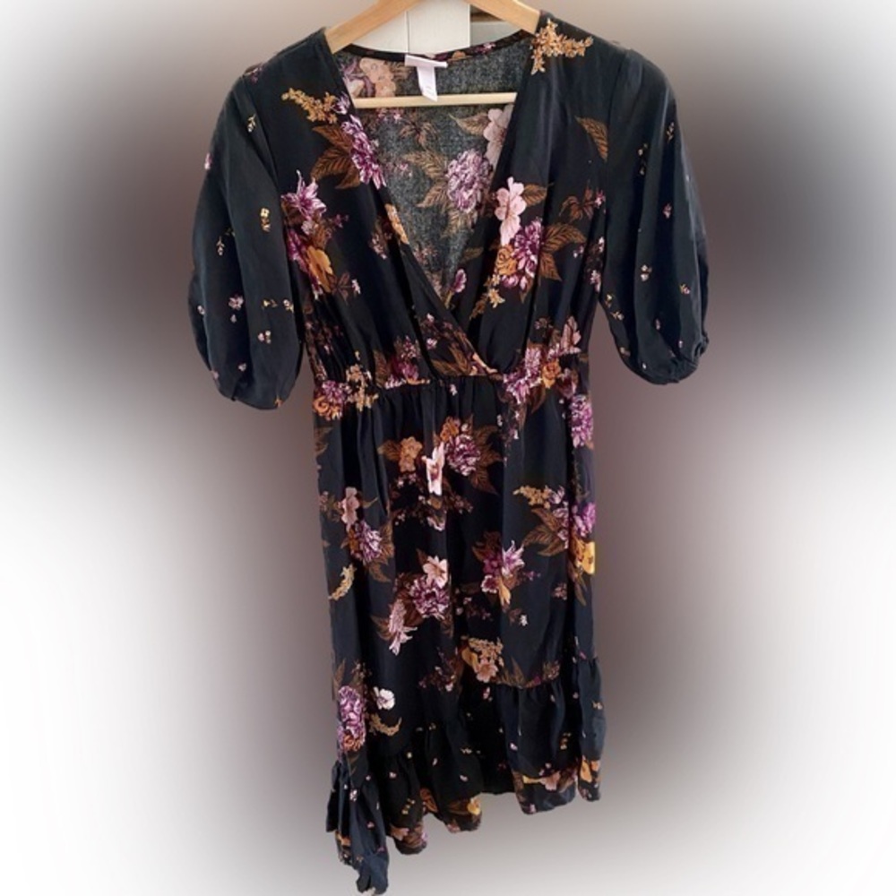Isabel Maternity Black Pink Floral Asymmetrical V-Neck Dress Size XS